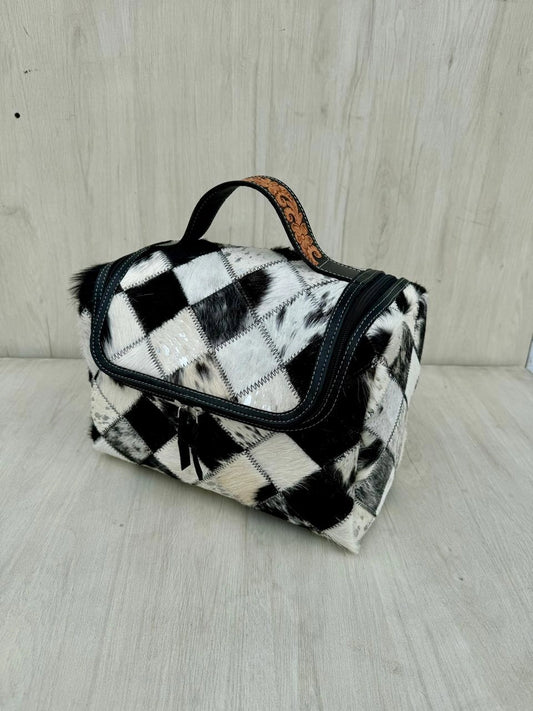 Patchwork Cowhide and Tooled Leather Toiletries Bag
