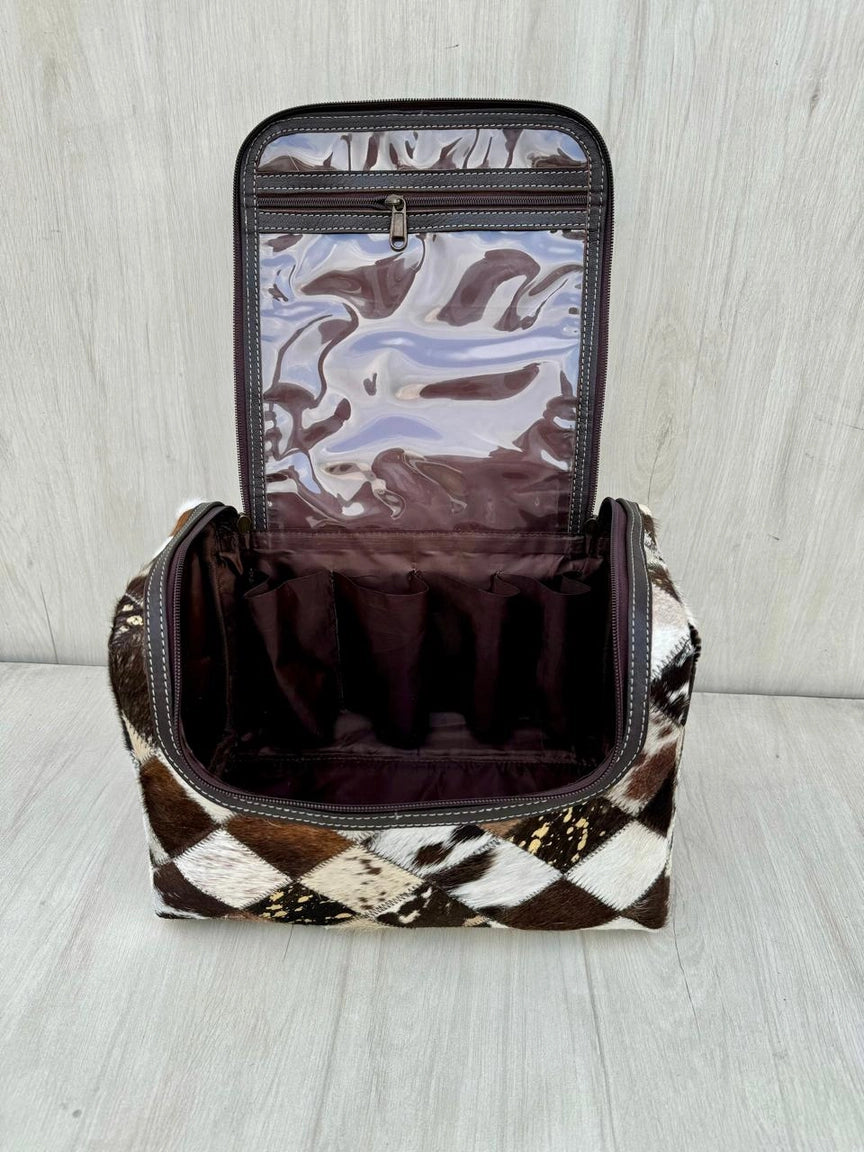 Patchwork Cowhide and Tooled Leather Toiletries Bag