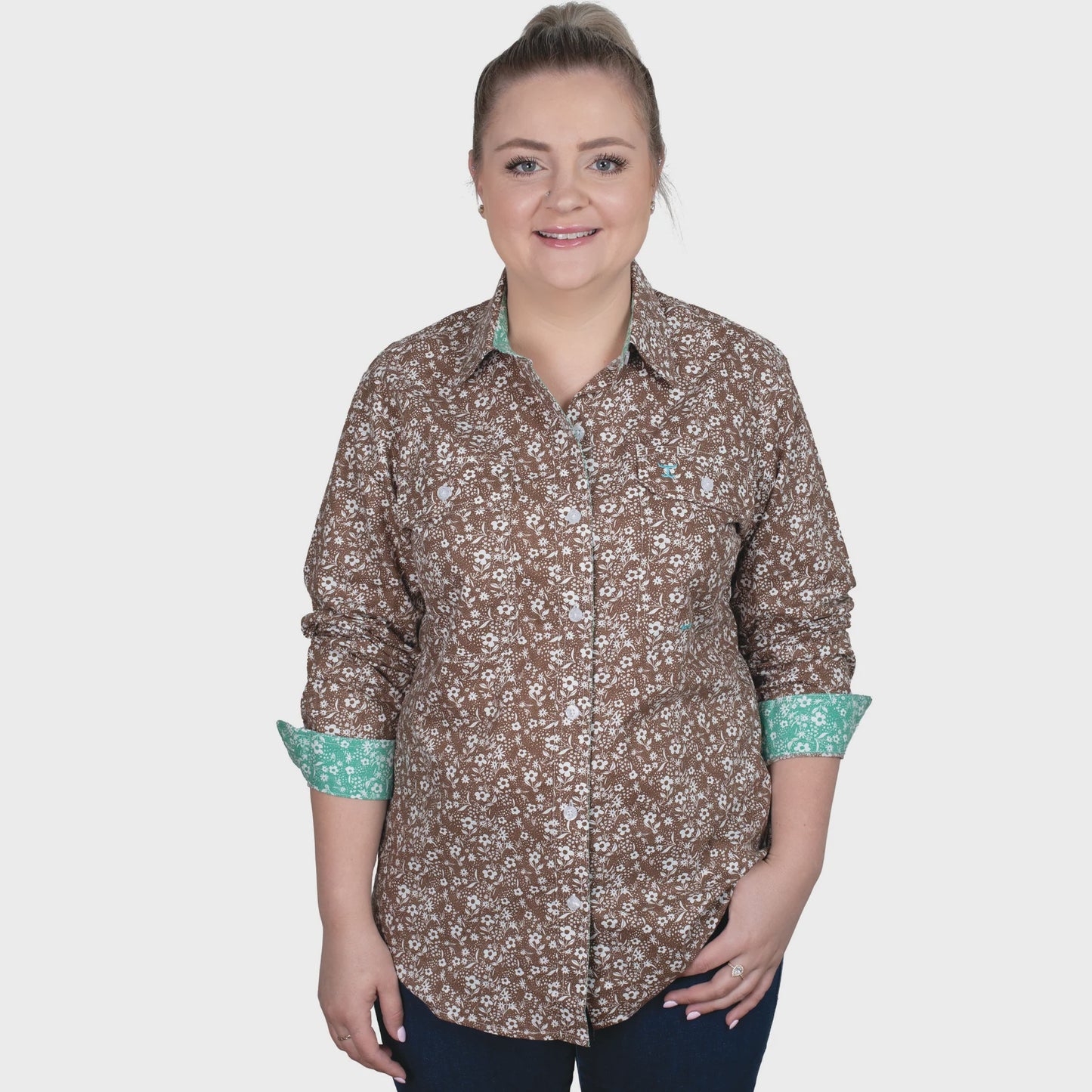 Women's Abbey Full Button Shirt - Hot Chocolate/Mint Vintage Floral