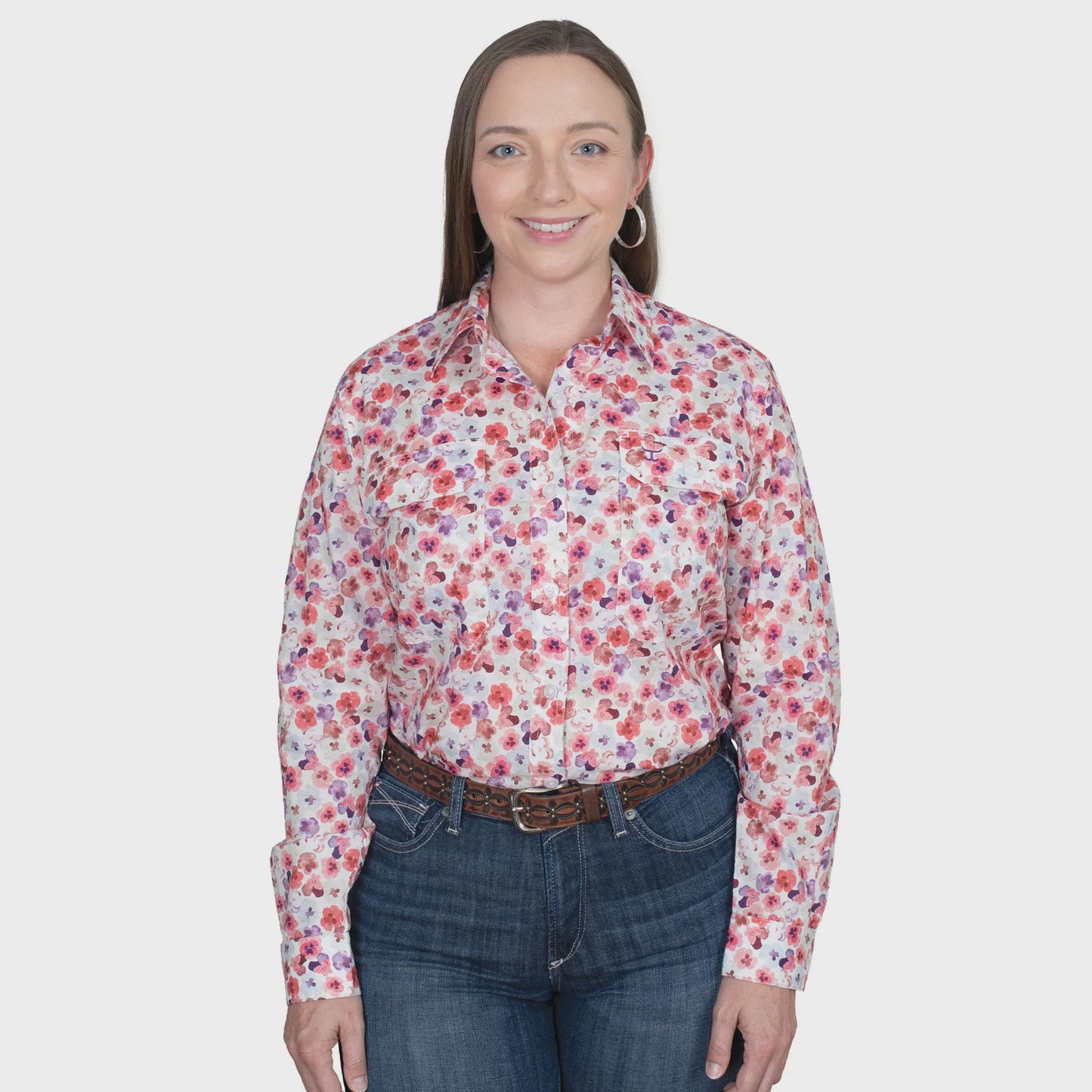 Women's Abbey Full Button Shirt - White Pansies