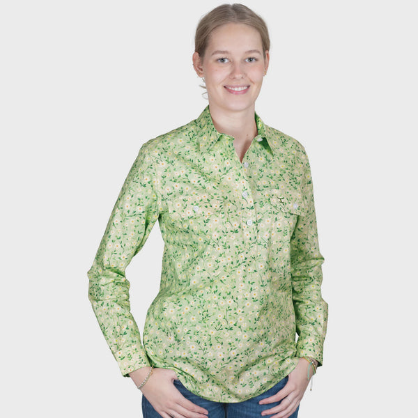 Just Country Women's Georgie Half Button Workshirt - Lime Floral