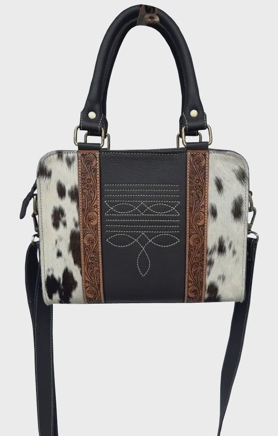 Tooled Leather Cowhide Boot Stitch Medium Bag