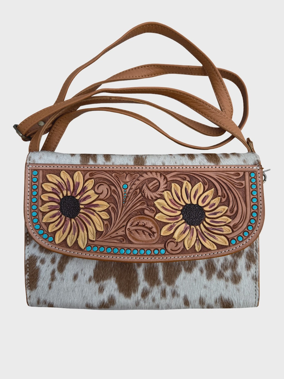 Cowhide Sunflower Tooled Wallet Bag