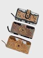 Cowhide Sunflower Tooled Leather Zippered Wallet