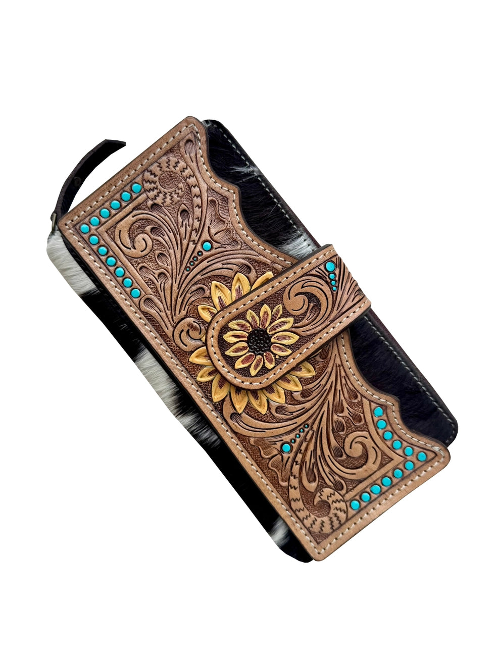 Cowhide Sunflower Tooled Leather Zippered Wallet