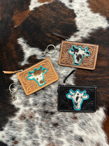 Tooled Leather, Cowhide and Cows Head Decal Key/Card Case