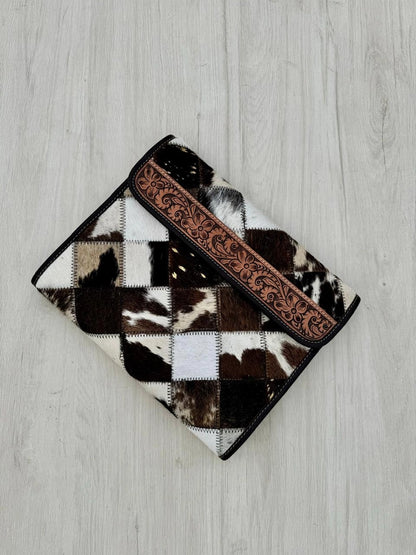 Patchwork Cowhide and Tooled Leather Makeup Bag