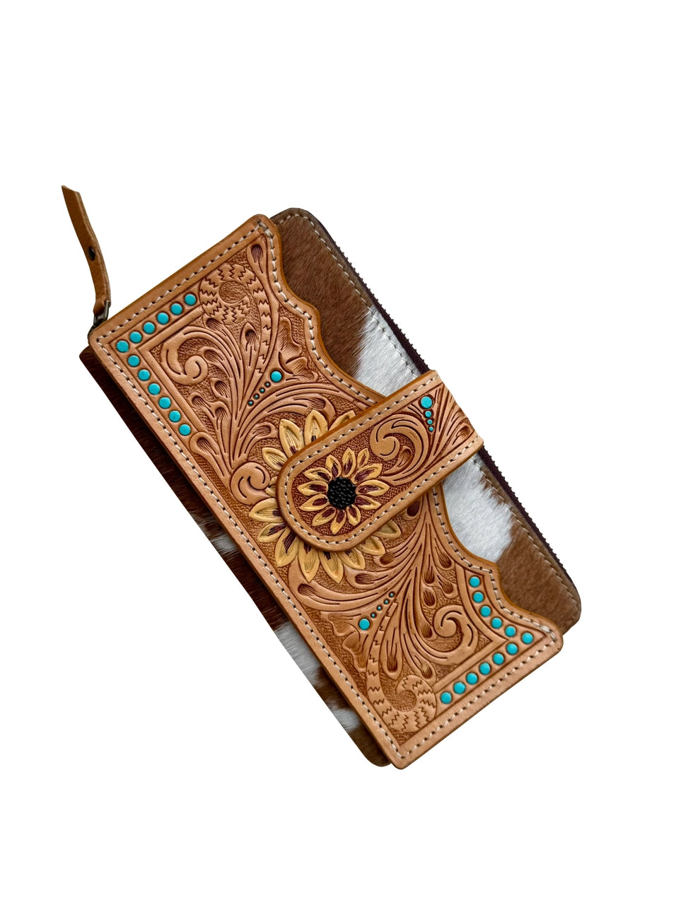 Cowhide Sunflower Tooled Leather Zippered Wallet