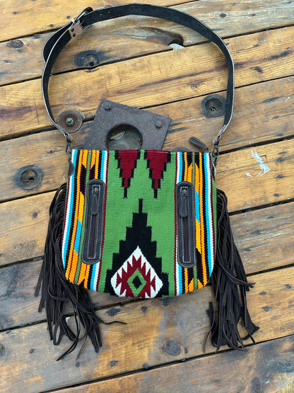 Sunflower Tooled Leather and Saddle Blanket Bag - Large with Fringe