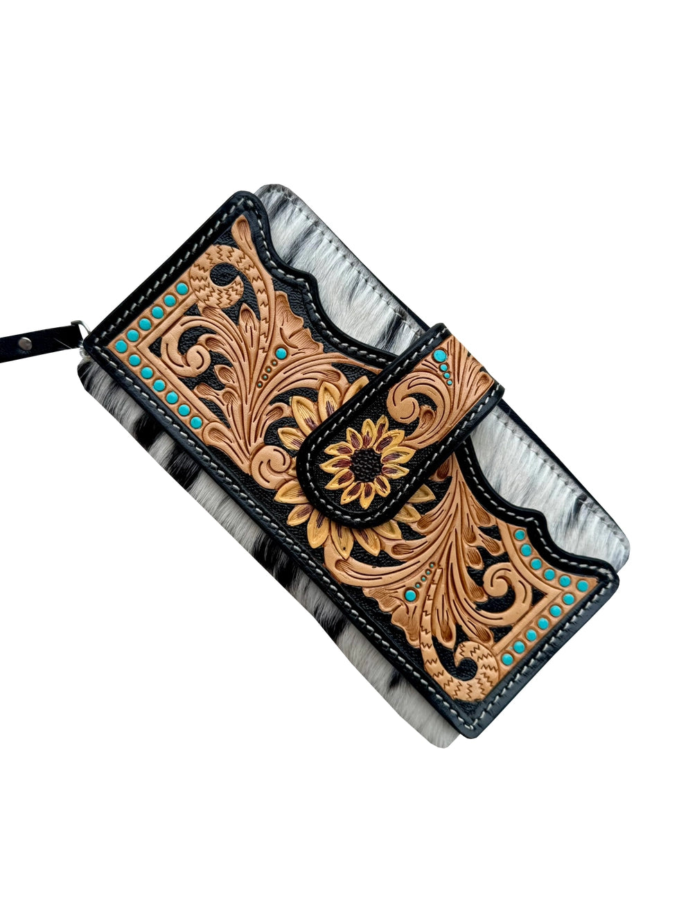Cowhide Sunflower Tooled Leather Zippered Wallet