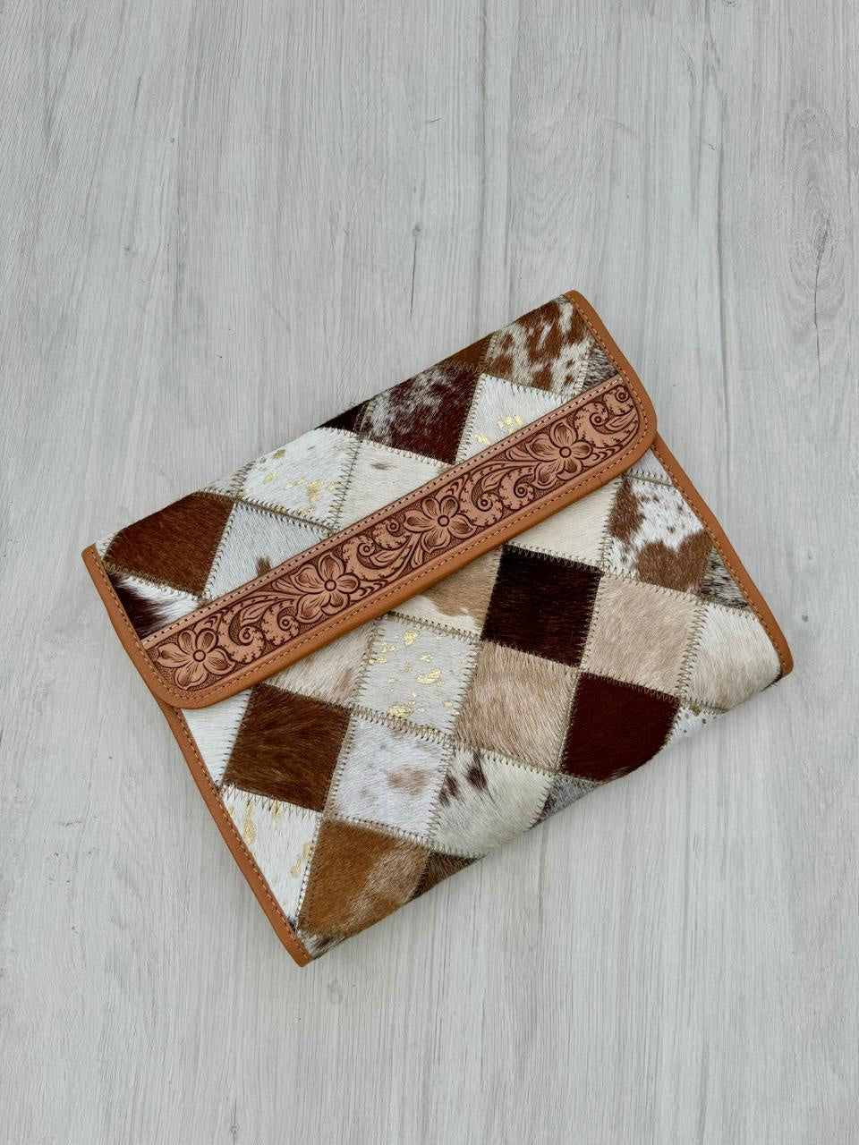 Patchwork Cowhide and Tooled Leather Makeup Bag