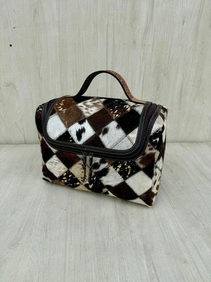 Patchwork Cowhide and Tooled Leather Toiletries Bag
