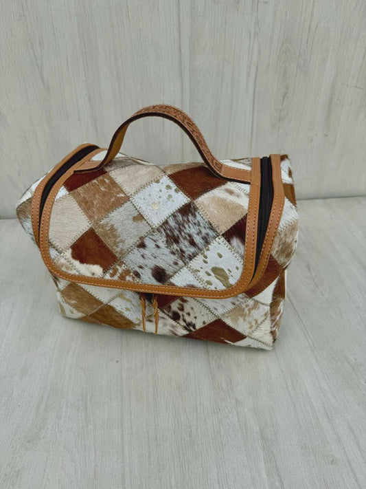 Patchwork Cowhide and Tooled Leather Toiletries Bag