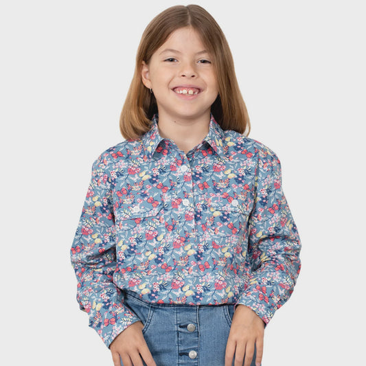 Girls Harper Half Button Print Workshirt - Blue Butterflies