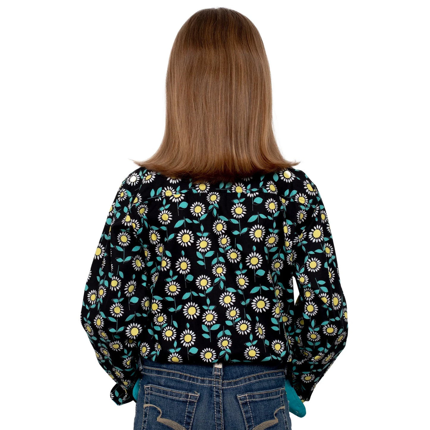 Girls Harper Half Button Print - Black Sunflowers