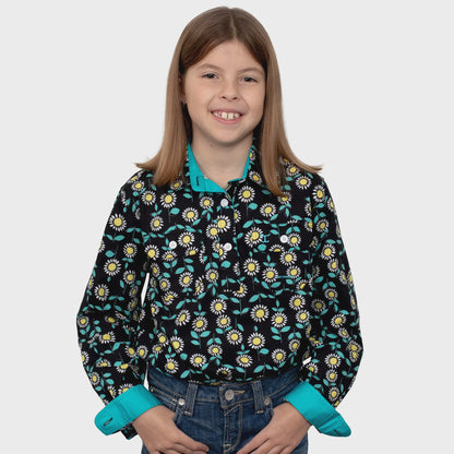 Girls Harper Half Button Print - Black Sunflowers