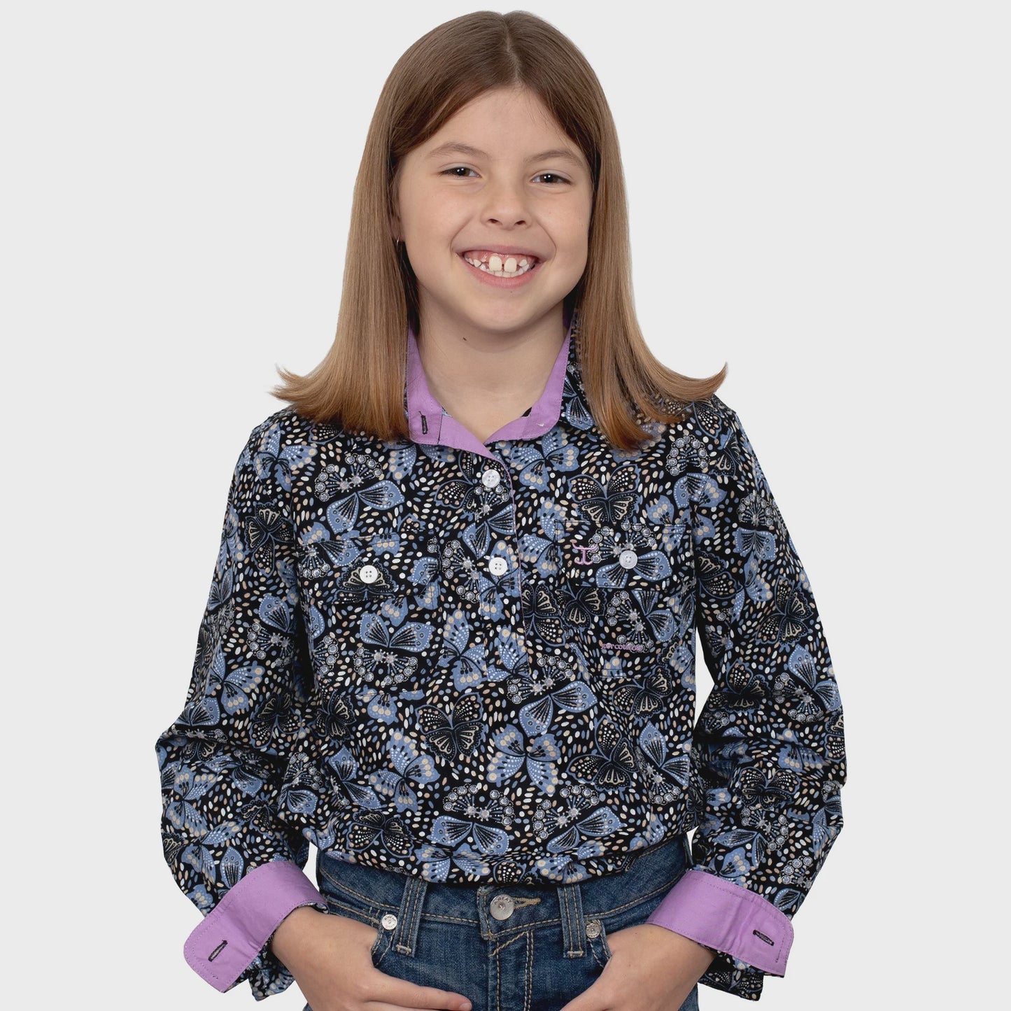 Girls Harper Half Button Print - Black Butterflies