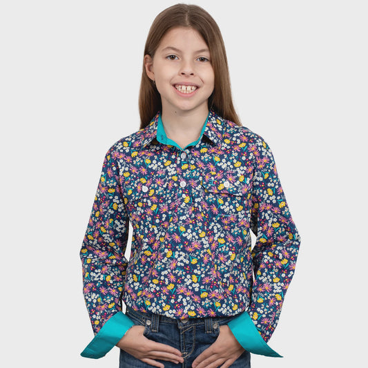 Girls Harper Half Button Print - Indigo Daisies