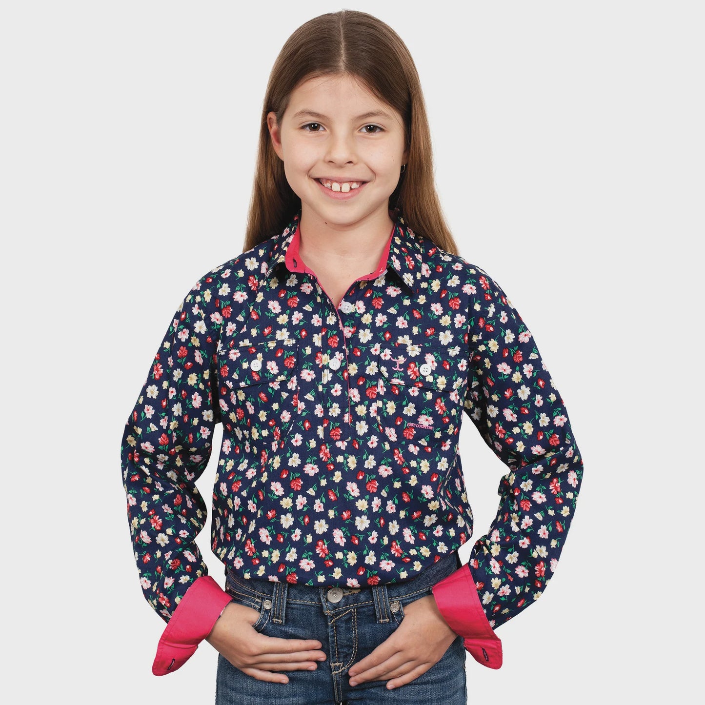 Girls Harper Half Button Print - Navy Floral