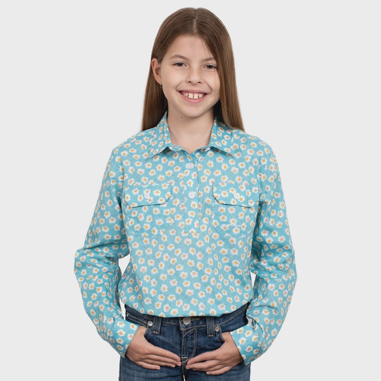 Girls Harper Half Button Print - Teal Daisies