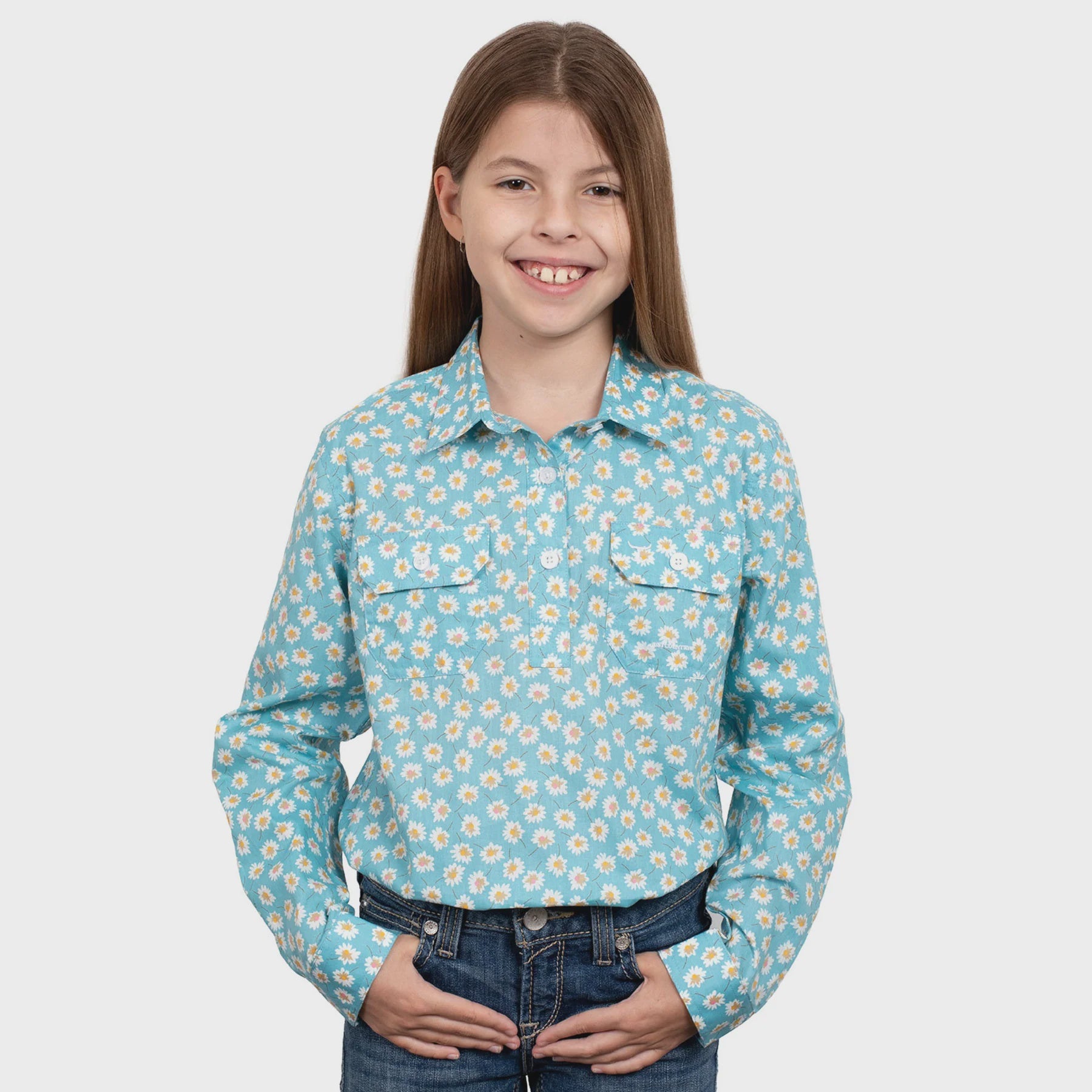 Girls Harper Half Button Print - Teal Daisies