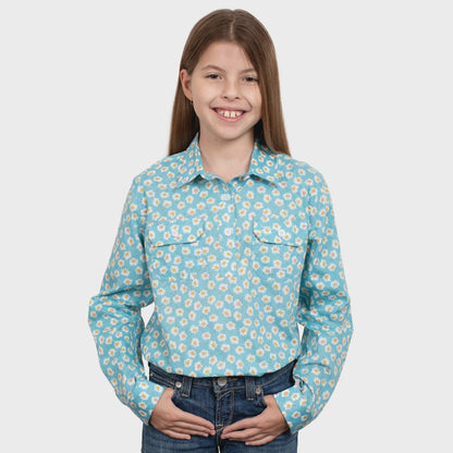 Girls Harper Half Button Print - Teal Daisies