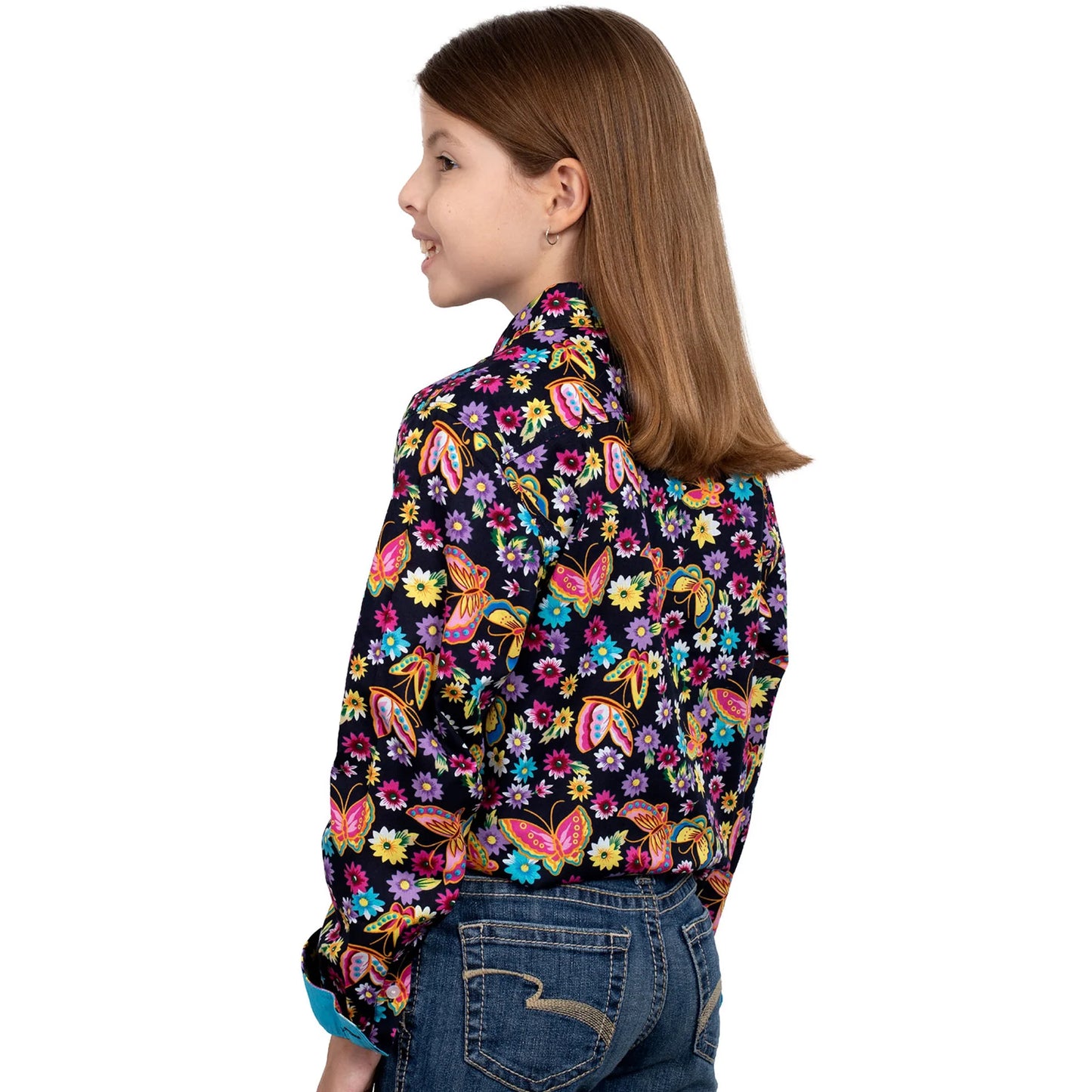 Girls Harper Half Button Print - Navy Neon Butterfly