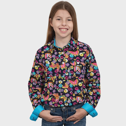 Girls Harper Half Button Print - Navy Neon Butterfly