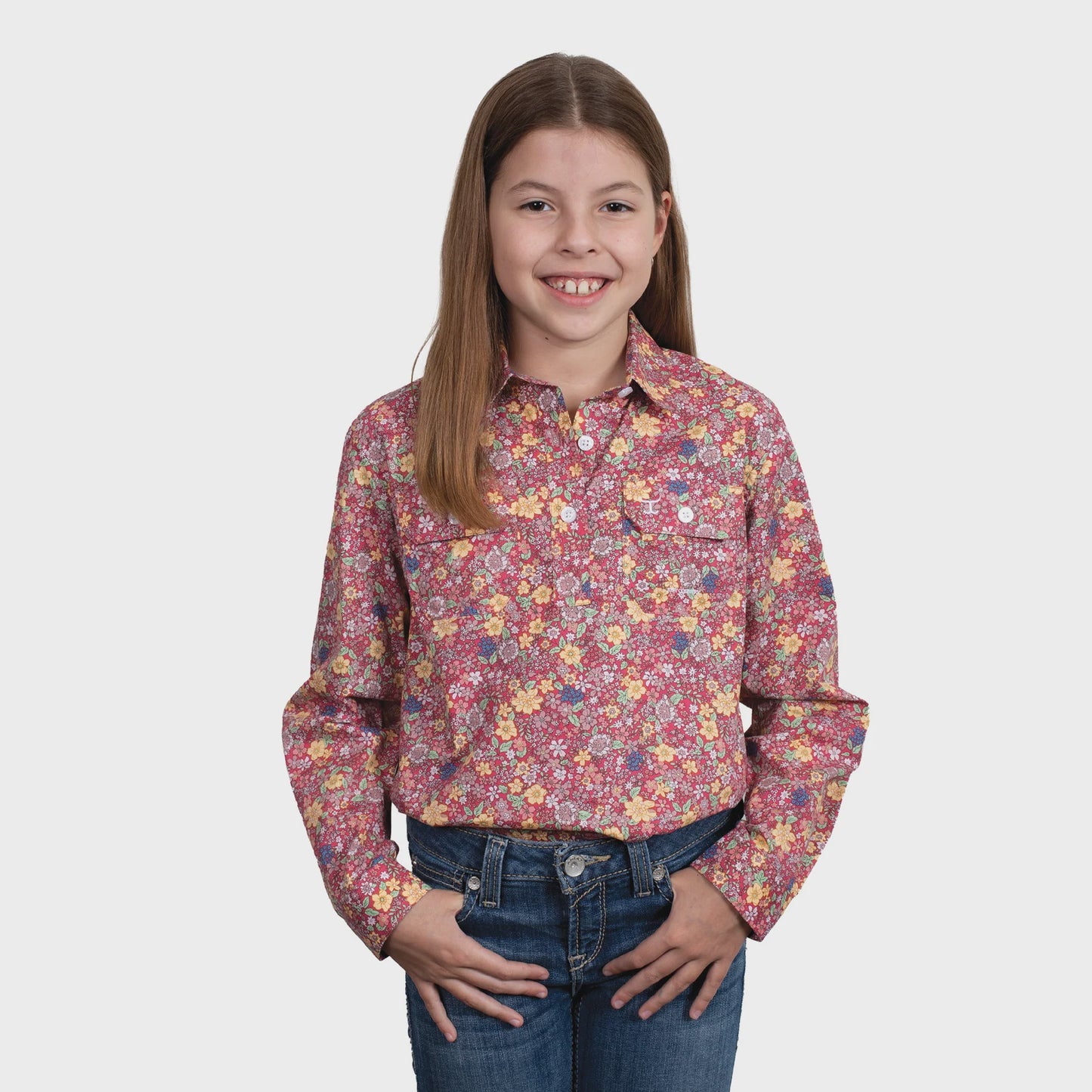 Girls Harper Half Button Print - Hot Pink Floral