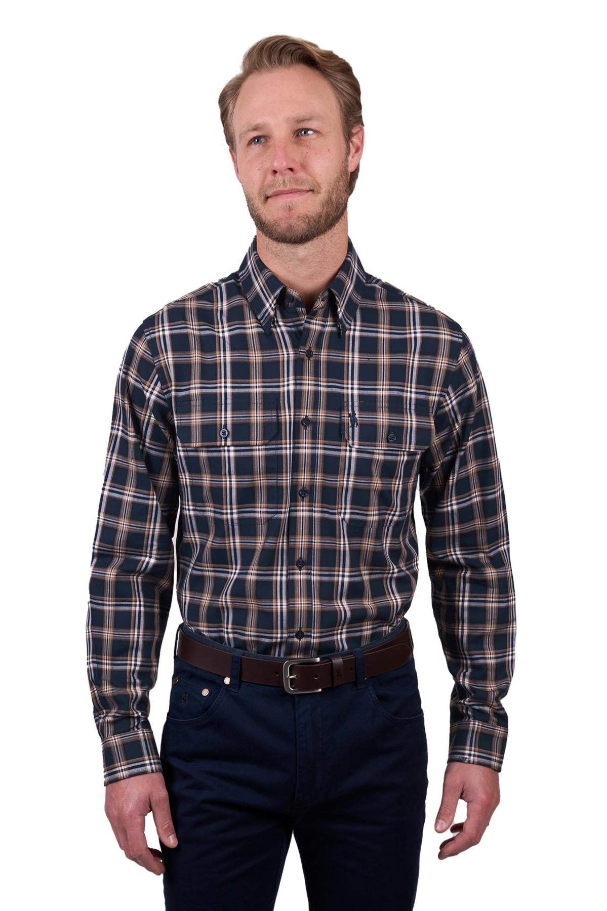 Thomas Cook Men’s Dylan Check 2-Pocket Long Sleeve Shirt - Navy/Tan