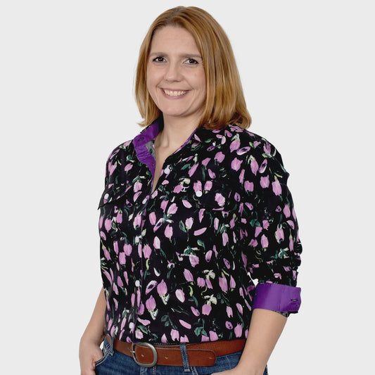 Women's Abbey Full Button Shirt - Black Tulips