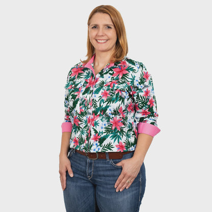 Women's Abbey Full Button Shirt - White Hibiscus