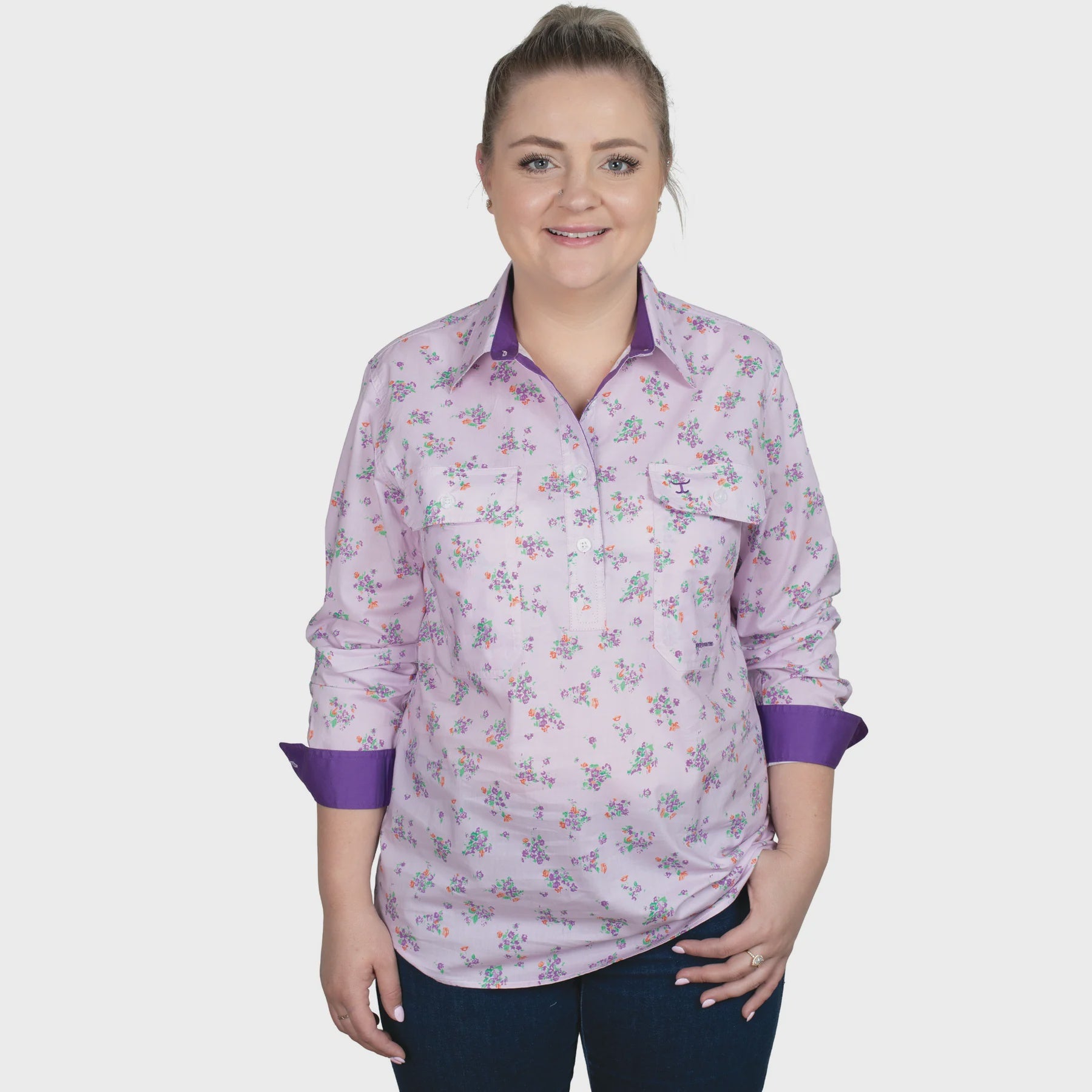 Just Country Women's Georgie Half Button Workshirt - Lavender Posey/Purple
