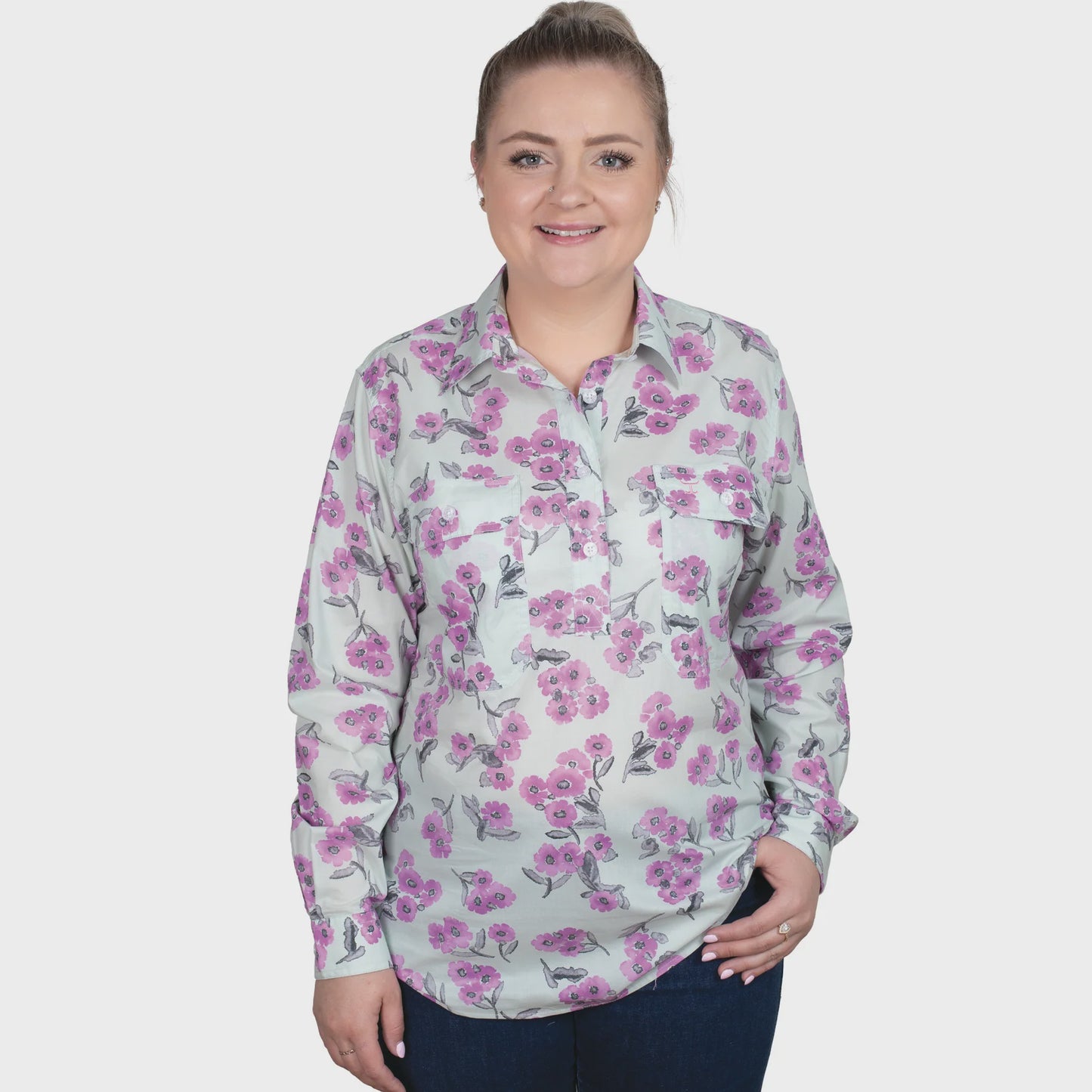 Just Country Women's Georgie Half Button Workshirt - Sea Mist Watercolour Blooms