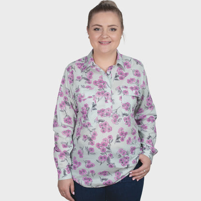 Just Country Women's Georgie Half Button Workshirt - Sea Mist Watercolour Blooms