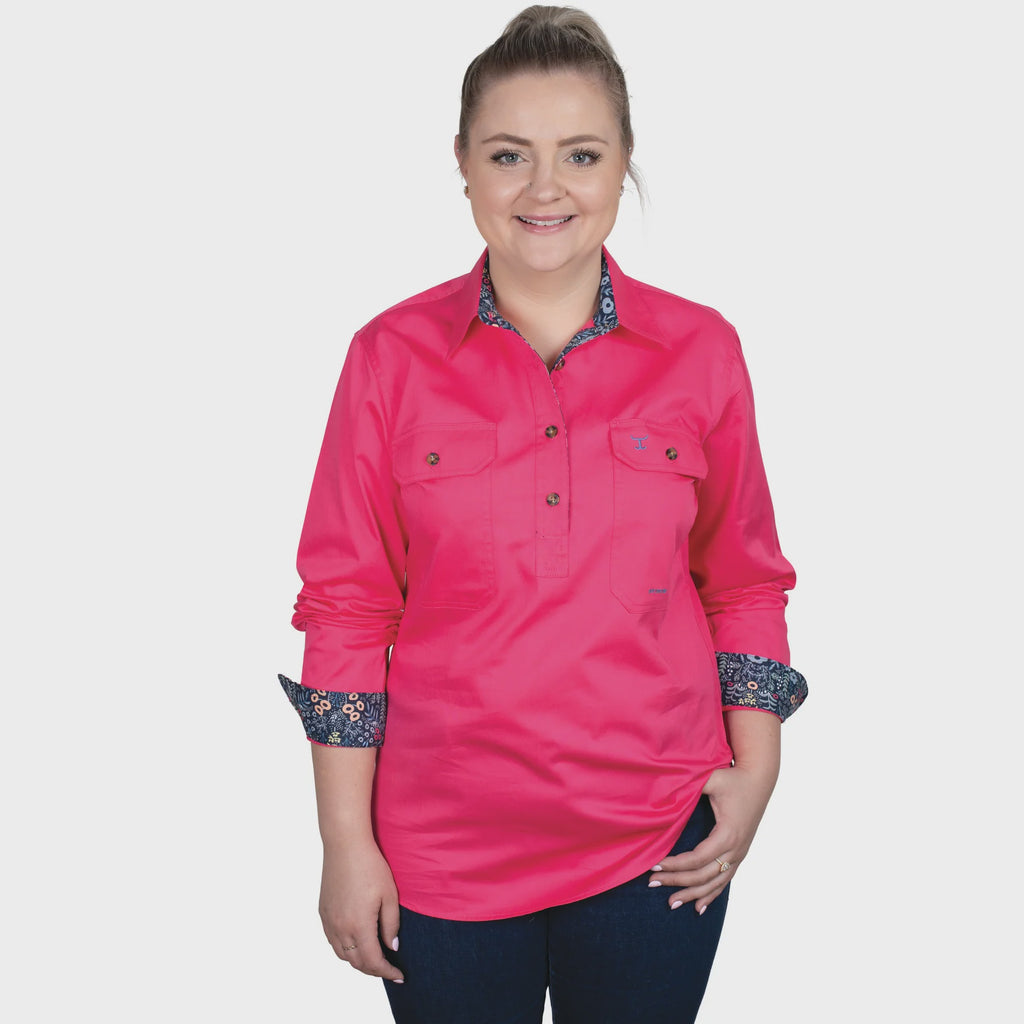 Women's Jahna Trim Half Button Shirt - Hot Pink/Navy Meadow Flowers