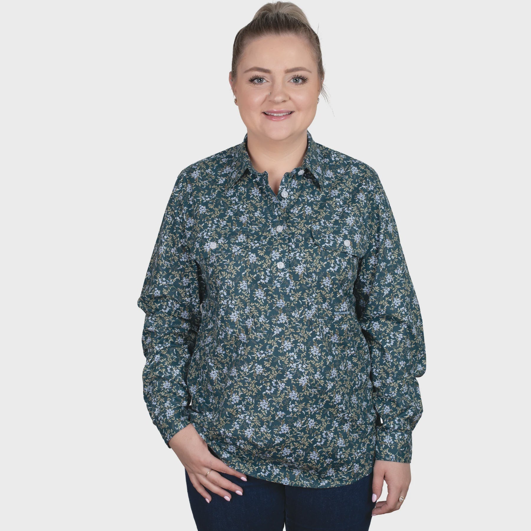 Just Country Women's Georgie Half Button Workshirt - Ponderosa Pine Forget-Me-Not