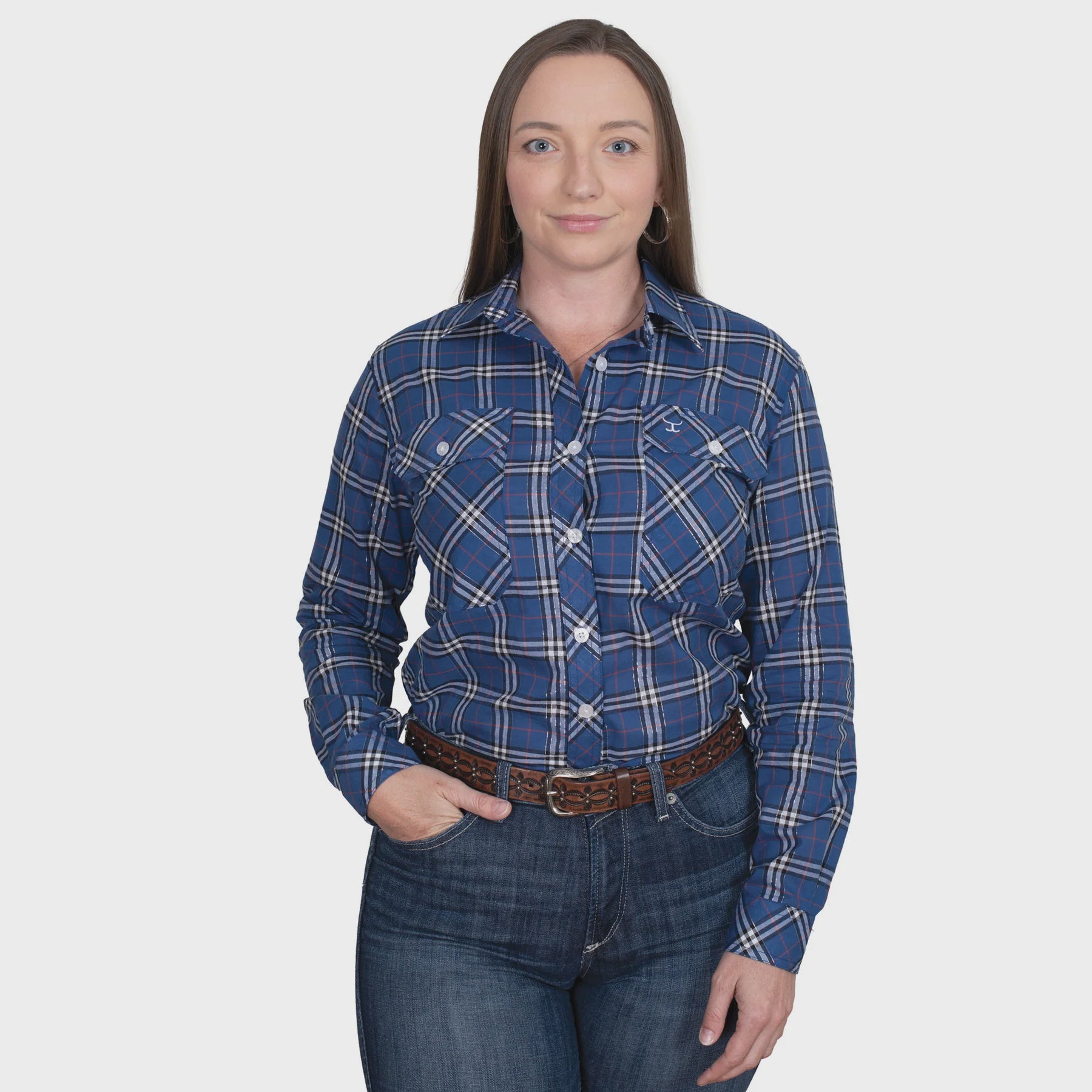 Women's Abbey Full Button Shirt - Cobalt Lurex Plaid