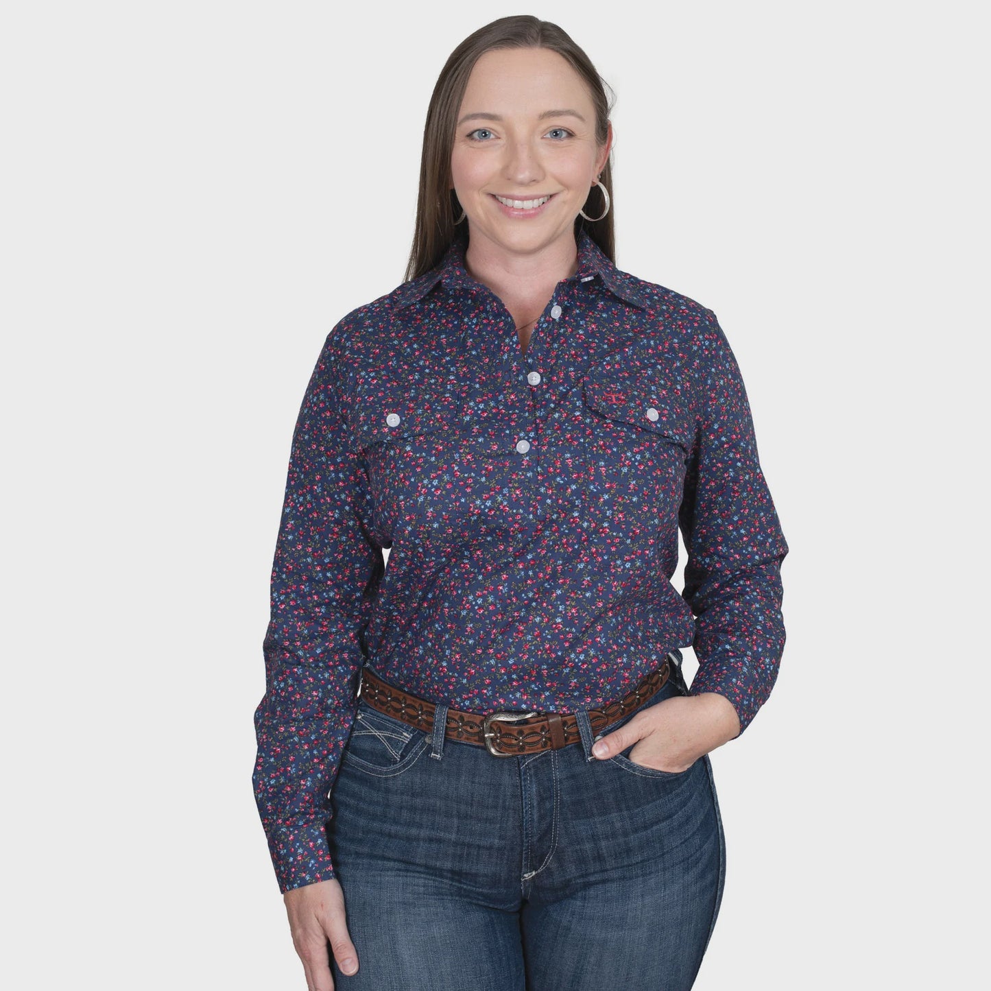 Just Country Women's Georgie Half Button Workshirt - Navy Roses