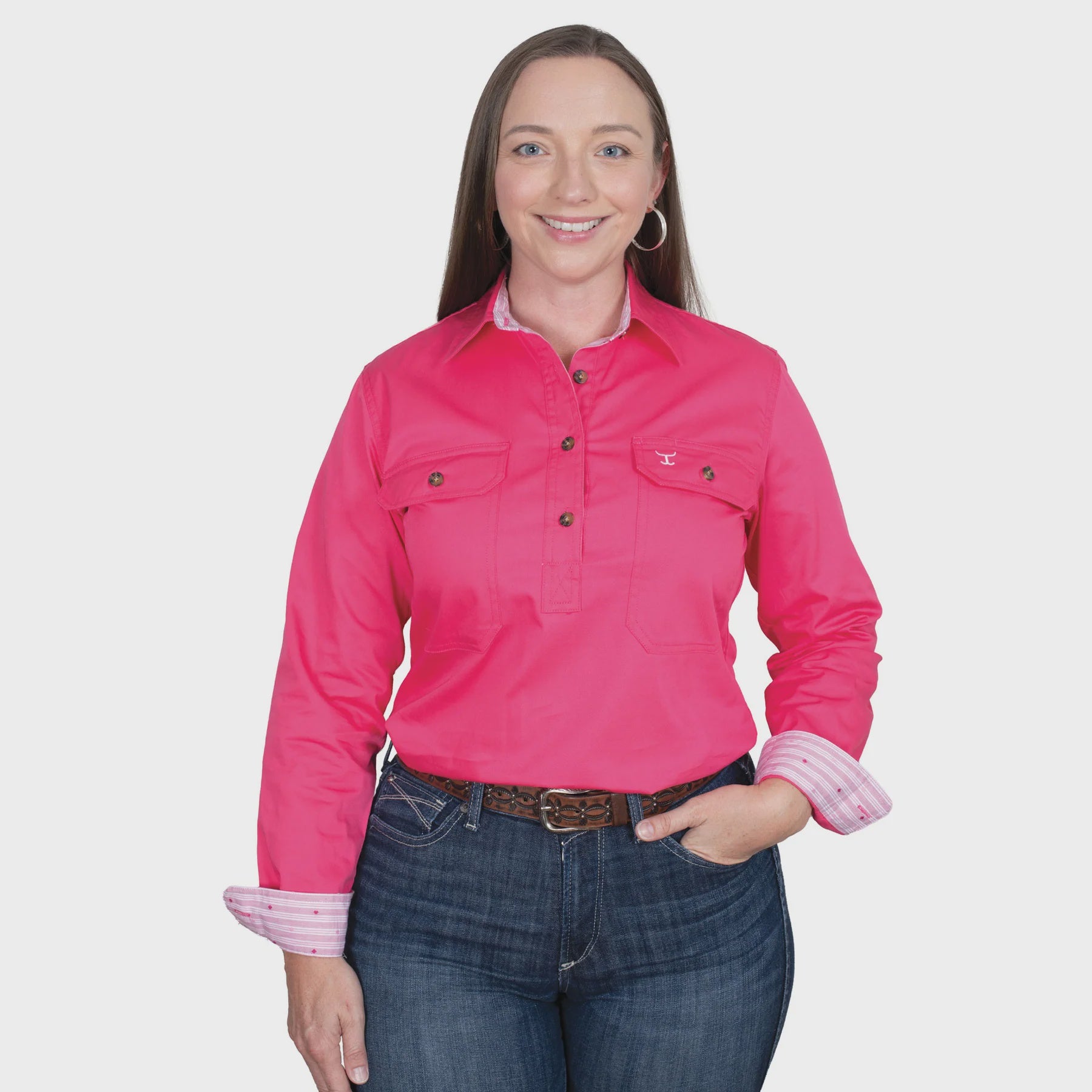 Women's Jahna Trim Half Button Shirt - Hot Pink/White/Hot Pink Stripe