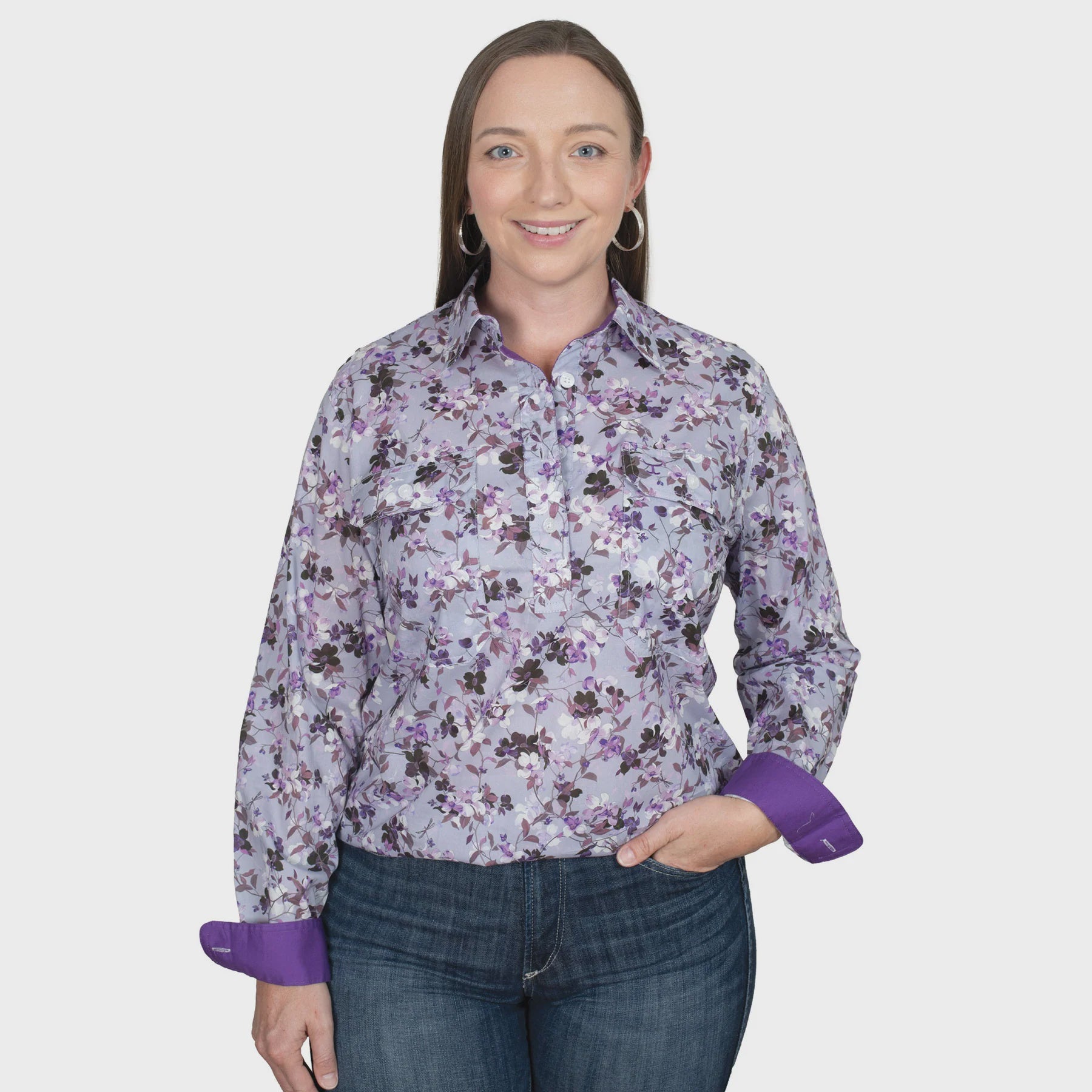 Just Country Women's Georgie Half Button Workshirt - Lilac Blossoms/Purple