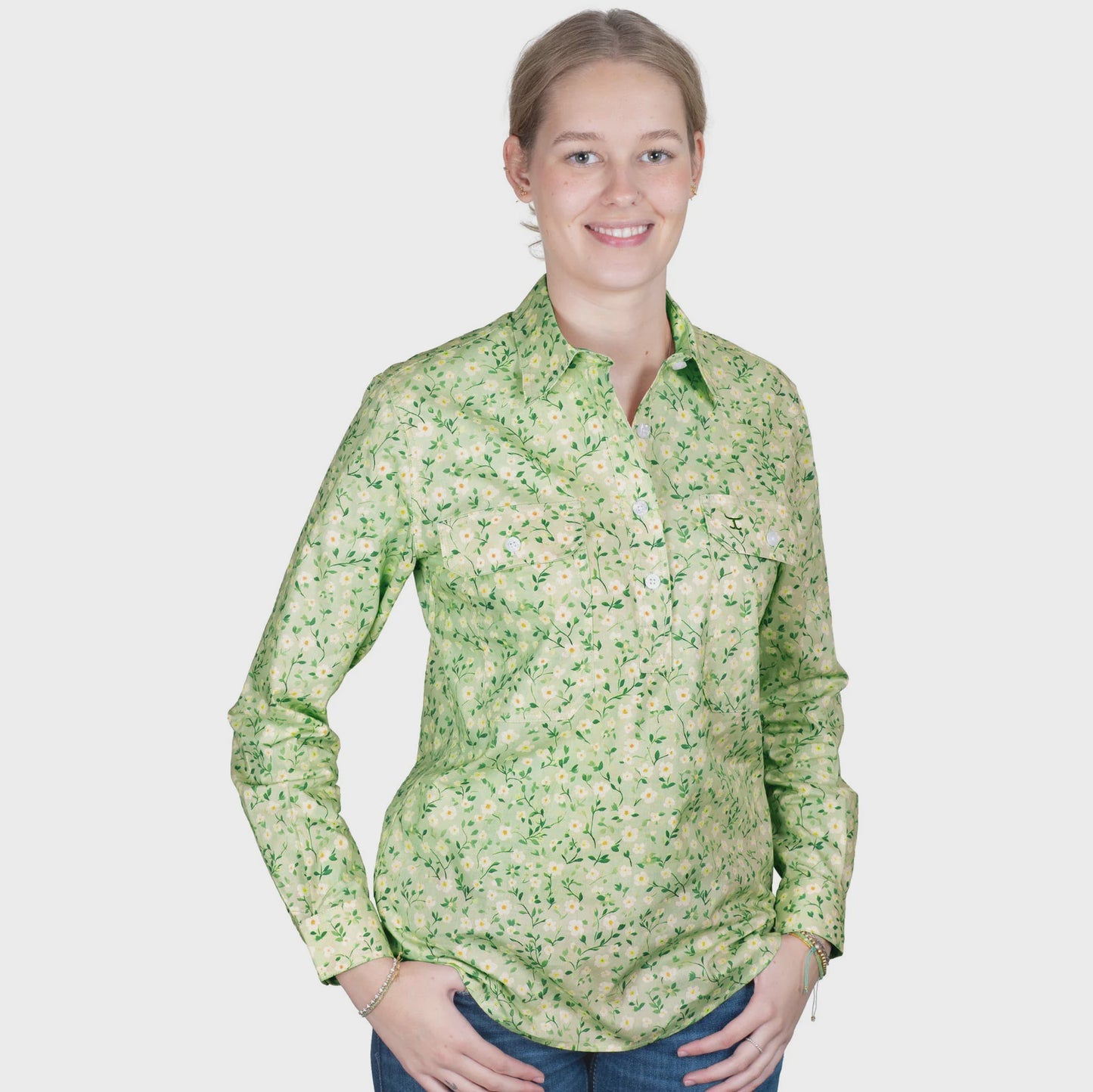 Just Country Women's Georgie Half Button Workshirt - Lime Floral