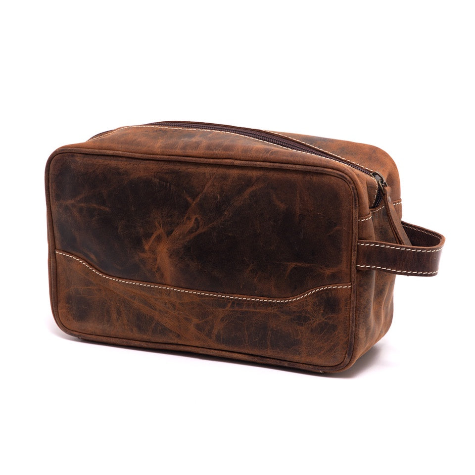 Tan Antique Leather Toiletries Bag