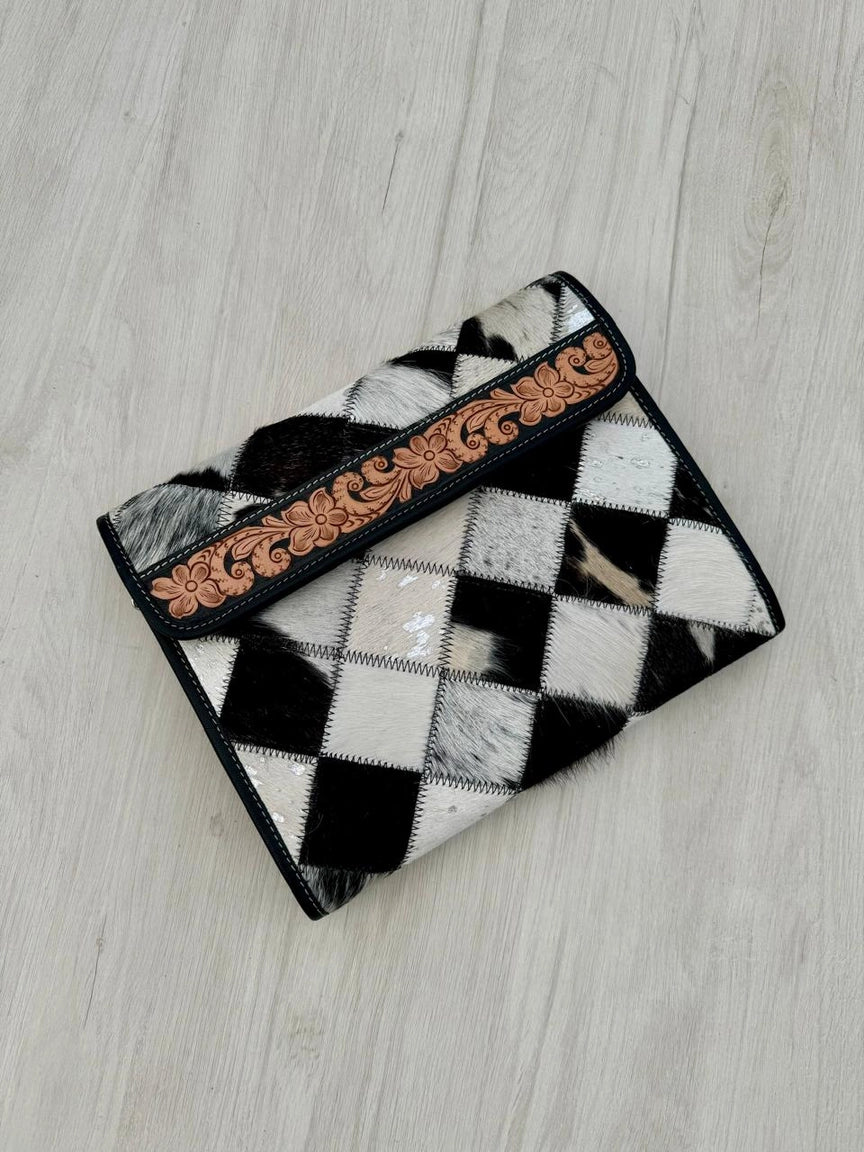 Patchwork Cowhide and Tooled Leather Makeup Bag