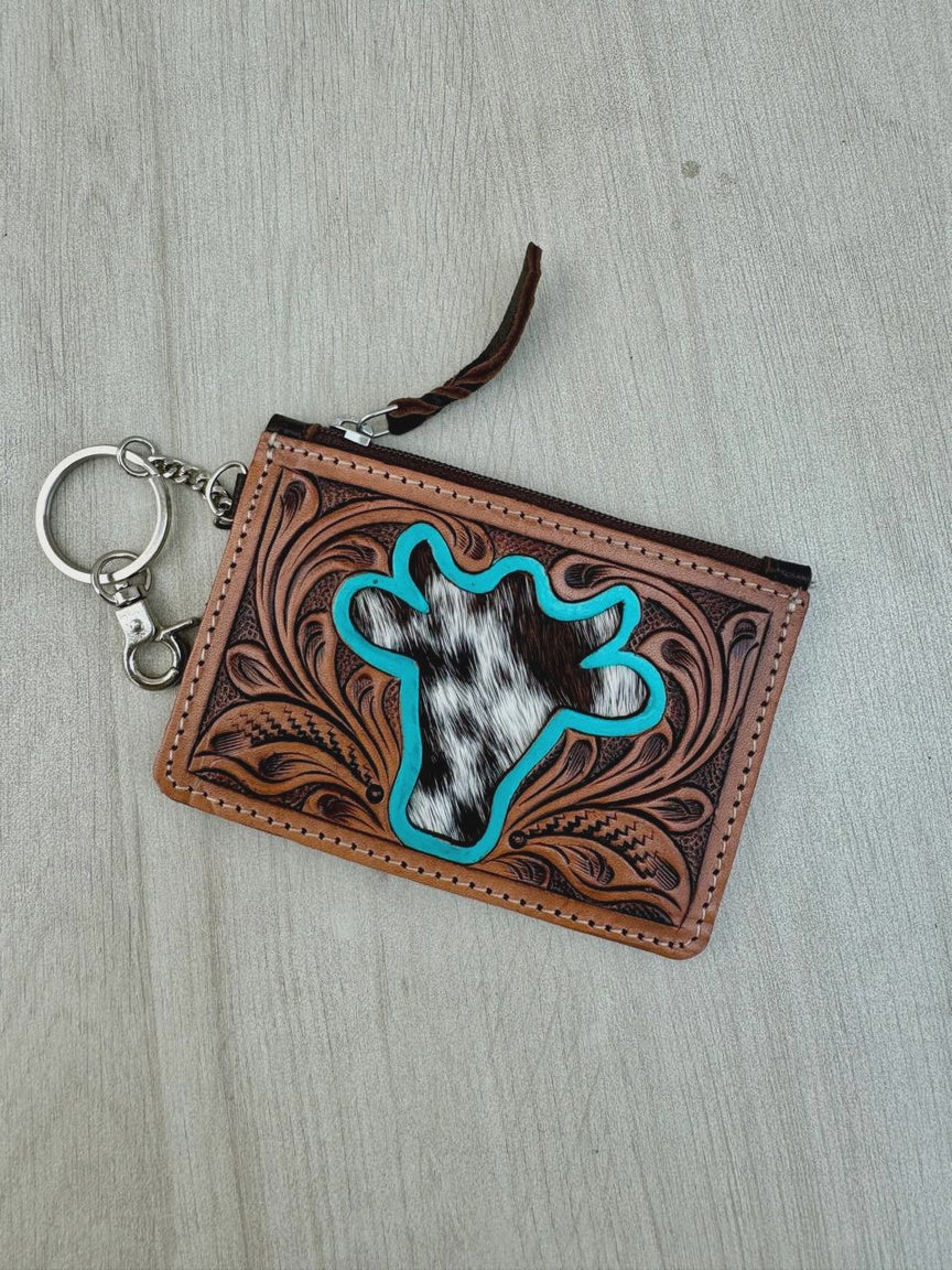 Tooled Leather, Cowhide and Cows Head Decal Key/Card Case