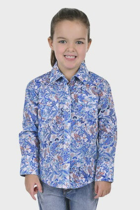 Pure Western Girls Frances LS Shirt - Blue/Coral