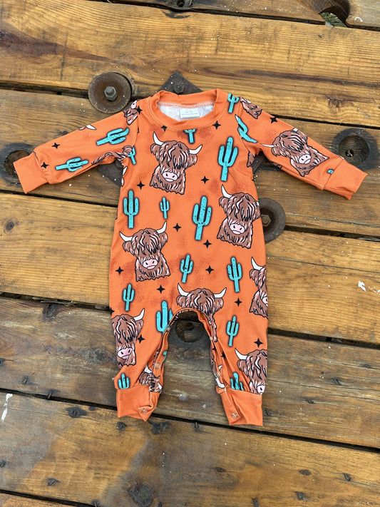 Orange Highland Cow and Cactus Romper